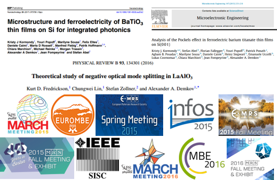 Image of headers for publications in 
			Nanotechnology, Microelectronic Engineering, and logos of conferences including 
			APS March Meetings 2015-2016, EuroMBE 2016, EMRS Meetings 2015-2016, INFOS 2015, MRS Meeting 2015-2016, IEEE SISC, and ICMBE 2016.