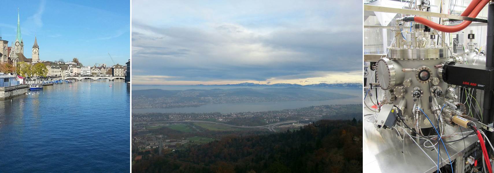 Left: Image of the Limmat in Z&uumlrich, looking downstream from Quaibr&uumlcke at Lake Zurich (facing North). Center: Image of the Swiss Alps from the top of the &Uumletliberg (facing South). Right: Image of molecular beam epitaxy growth machine used in Texas for single crystal thin oxide film deposition.